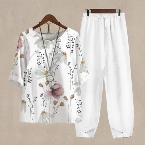 2 Pcs/Set Women T-shirt Pants Set Flower Print Elastic Waist Half Sleeves Round