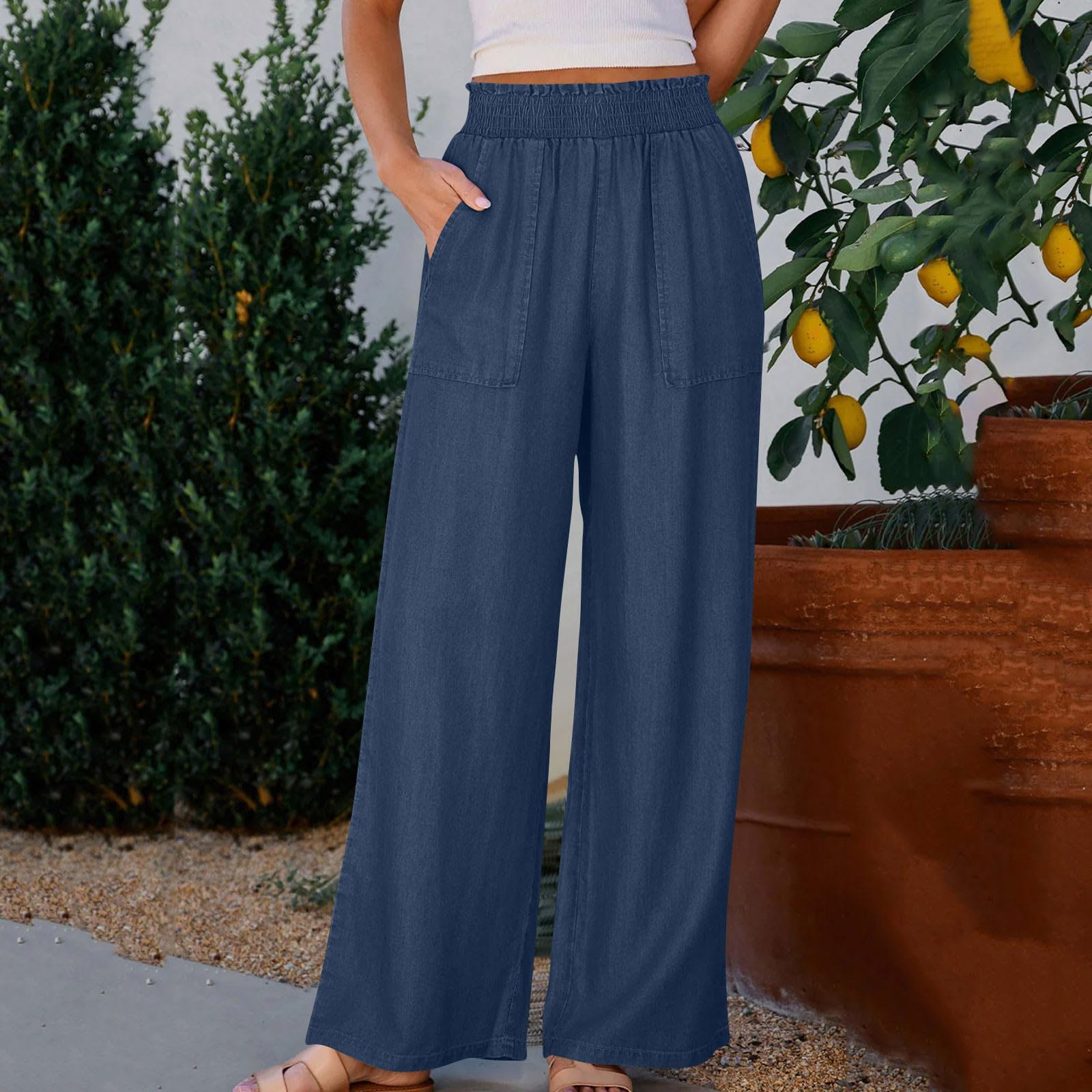 Women  Elastic Waist Soft Faux Jean Trendy Straight Loose Denim Pants With Pockets S