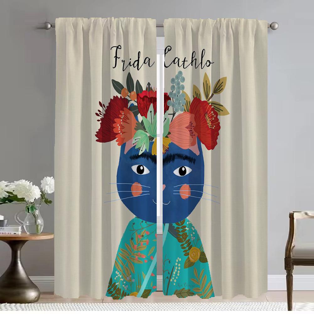 Elegant Room Curtains 2 Pieces Floral Friends Animal Living Room Curtain Kitchen Curtains for Camera Halloween Decoration Shades