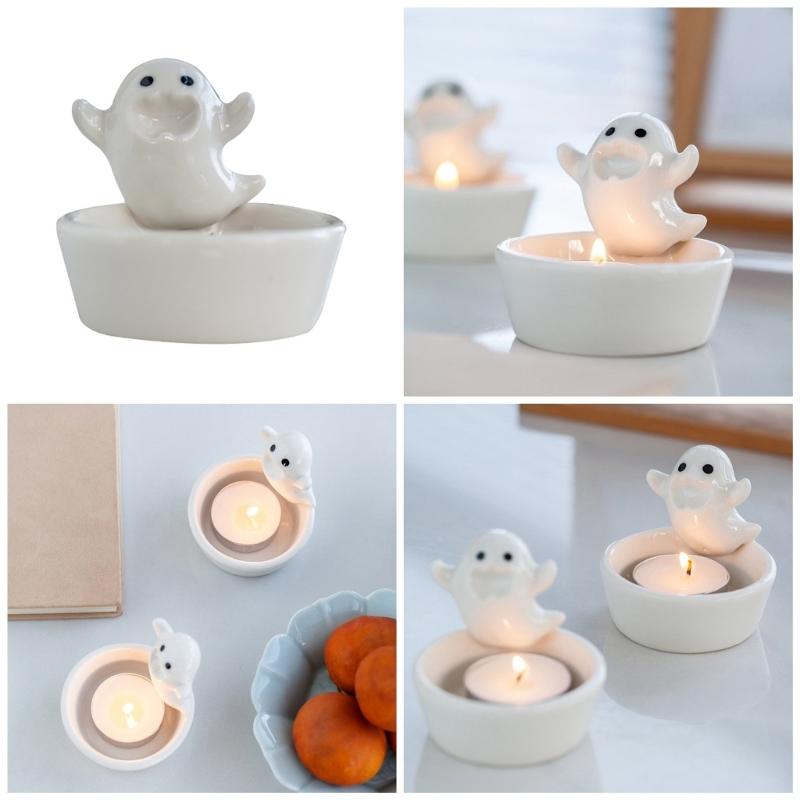 Ceramics Cartoon White Ghostly Figurine Candle Holders Halloween Tealight Holders Candlestick Table Decors for Festivals