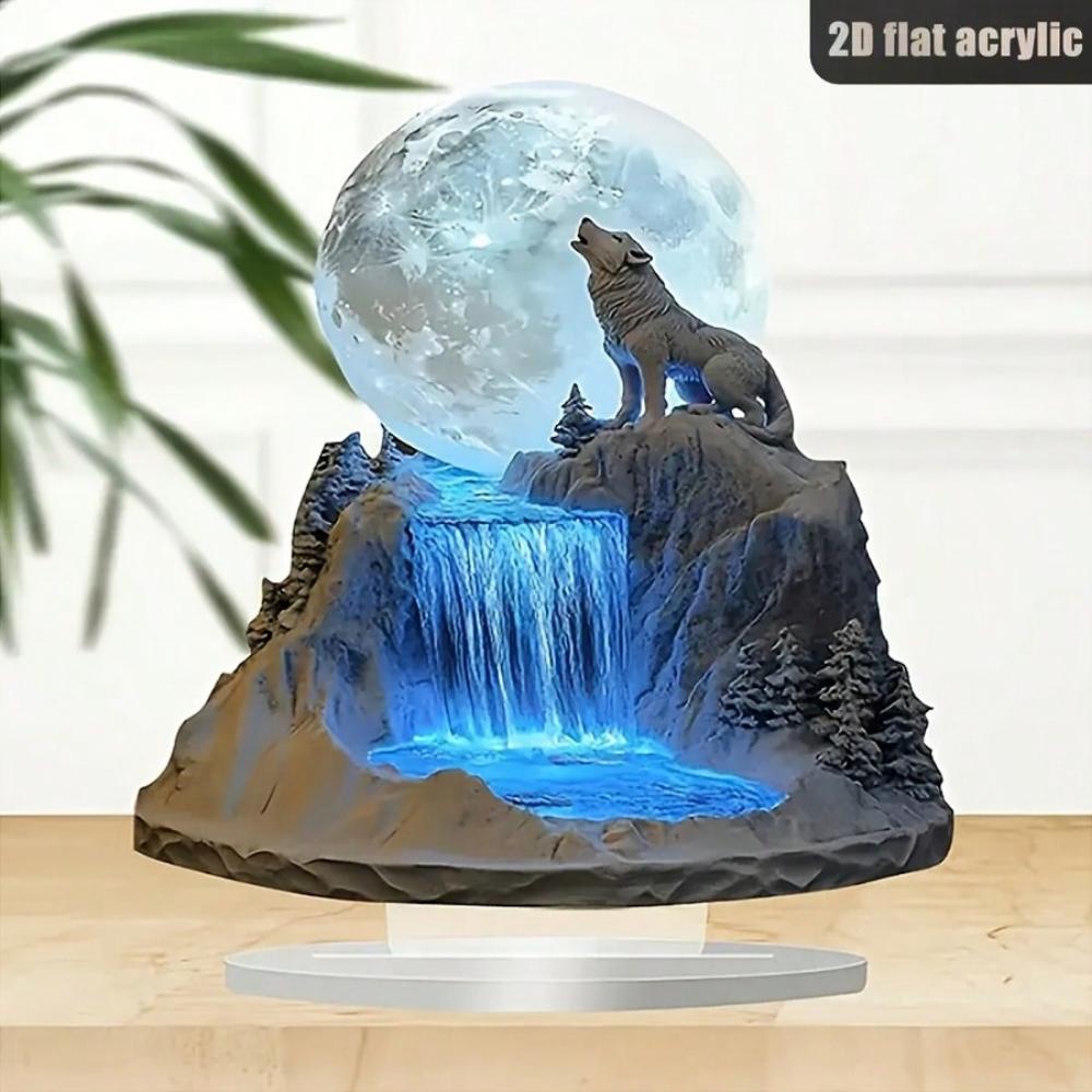 Bohemian Wolf and Full Moon, 2D Flat Acrylic, Tabletop Decoration, Ornaments, Suitable for Living Room, Office, Gifts, Christmas, Halloween