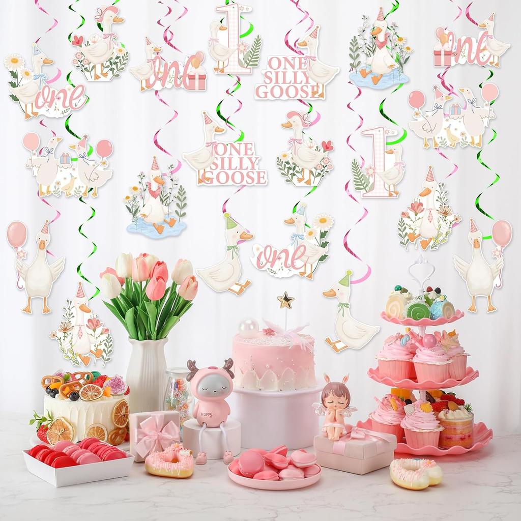 Epakh 20 Pcs One Silly Goose Hanging Birthday Swirl Pink Party Swirl One Silly 1st Goose Birthday Decorations for Girls Pink Bow Goose Party Supplies