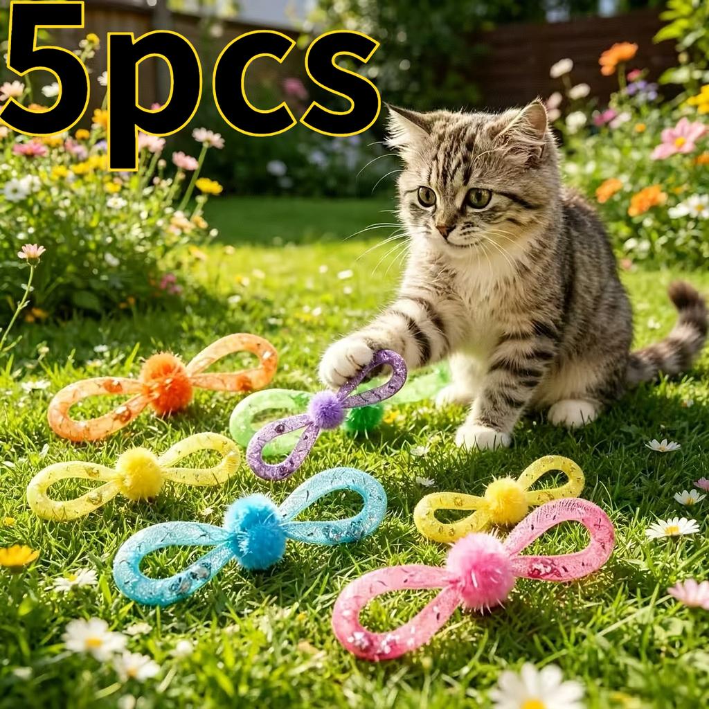 5pcs Colorful Bowknot Cat Toys with Pom-pom, Interactive Cat Chew Toys for Indoor Cats, Bite-Resistant Kitten Teething Toys, Assorted Colors