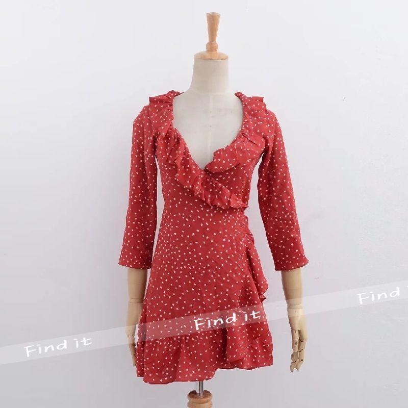 

European and American-Style XINGX Ruffled Chest Wrap Slim Looking Dress Red S