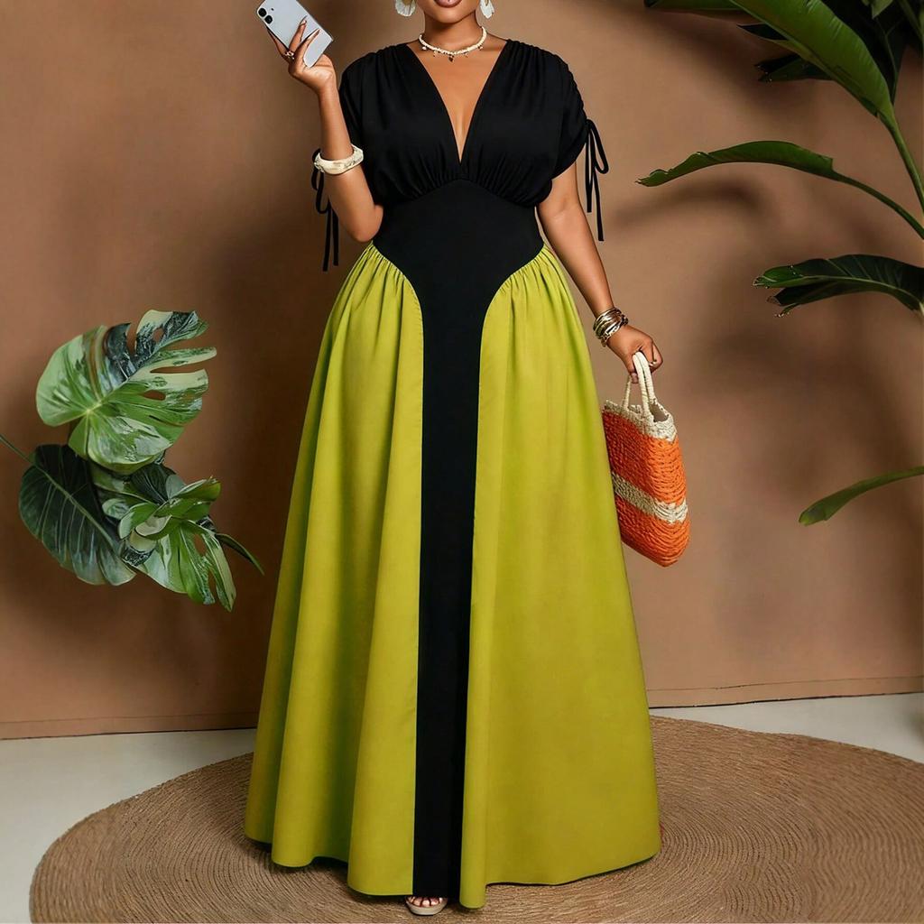 Plus Size V Neck Color Block Waist Cinched Midi Casual Dress For Women