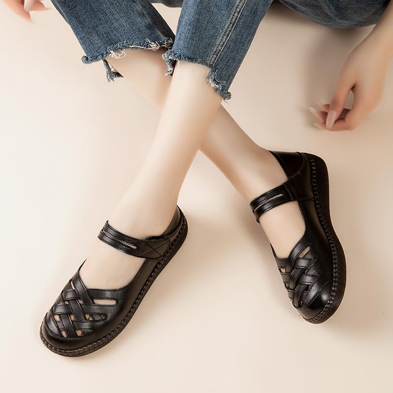 Johnature Flat Sandals For Women Breathable Genuine Leather Soft Soled Casual Round Toe Women's Shoes