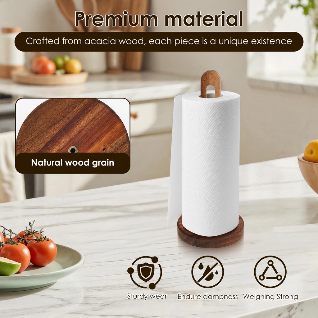 Wooden Paper Towel Holder Standing Kitchen Paper Roll Holder with Non Slip Foam Pad Bathroom Countertop Roll Paper Storage Rack