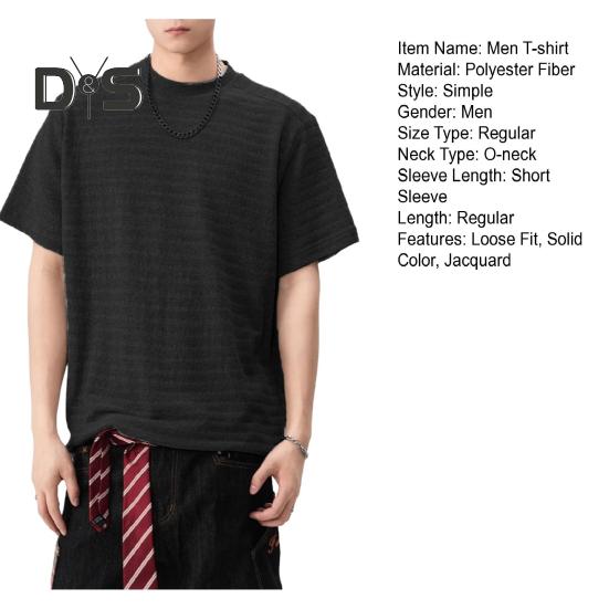 Men T-shirt Round Neck Short Sleeve 3D Striped Jacquard Design Tee Shirt Solid Color Loose Fit Summer Casual Tops