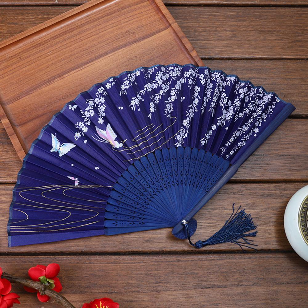 Chinese Japanese Folding Fan Wooden Shank Classical Dance Fan Tassel Elegent Female Fan Party Art Craft Gift Home Decoration
