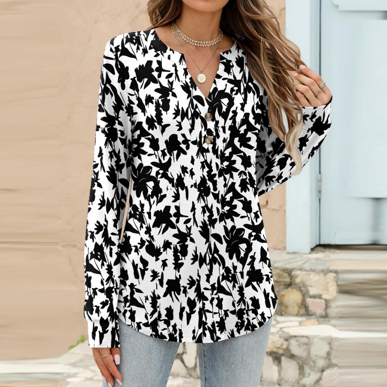 Women s Fashion Casual Floral Print Long Sleeve T-Shirt Pullover Top XL чёрный
