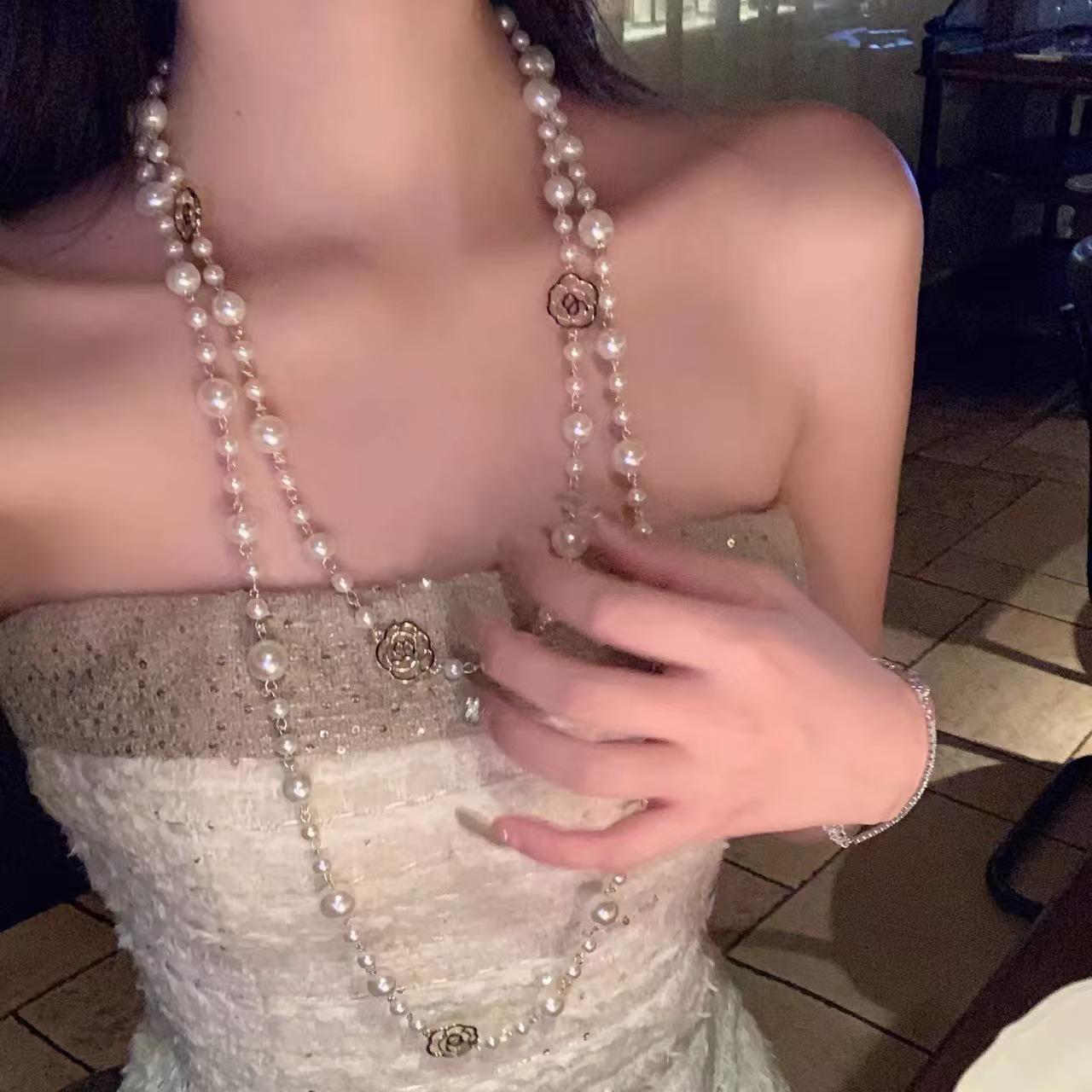 

Korean Camellia Pearl Layered Necklace - Elegant Sweater Chain for Women