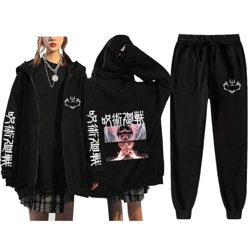 Unisex Winter Casual Sport Set With Anime Print Hooded Zip-Up Sweatshirt Jogger Pants Cotton Blend