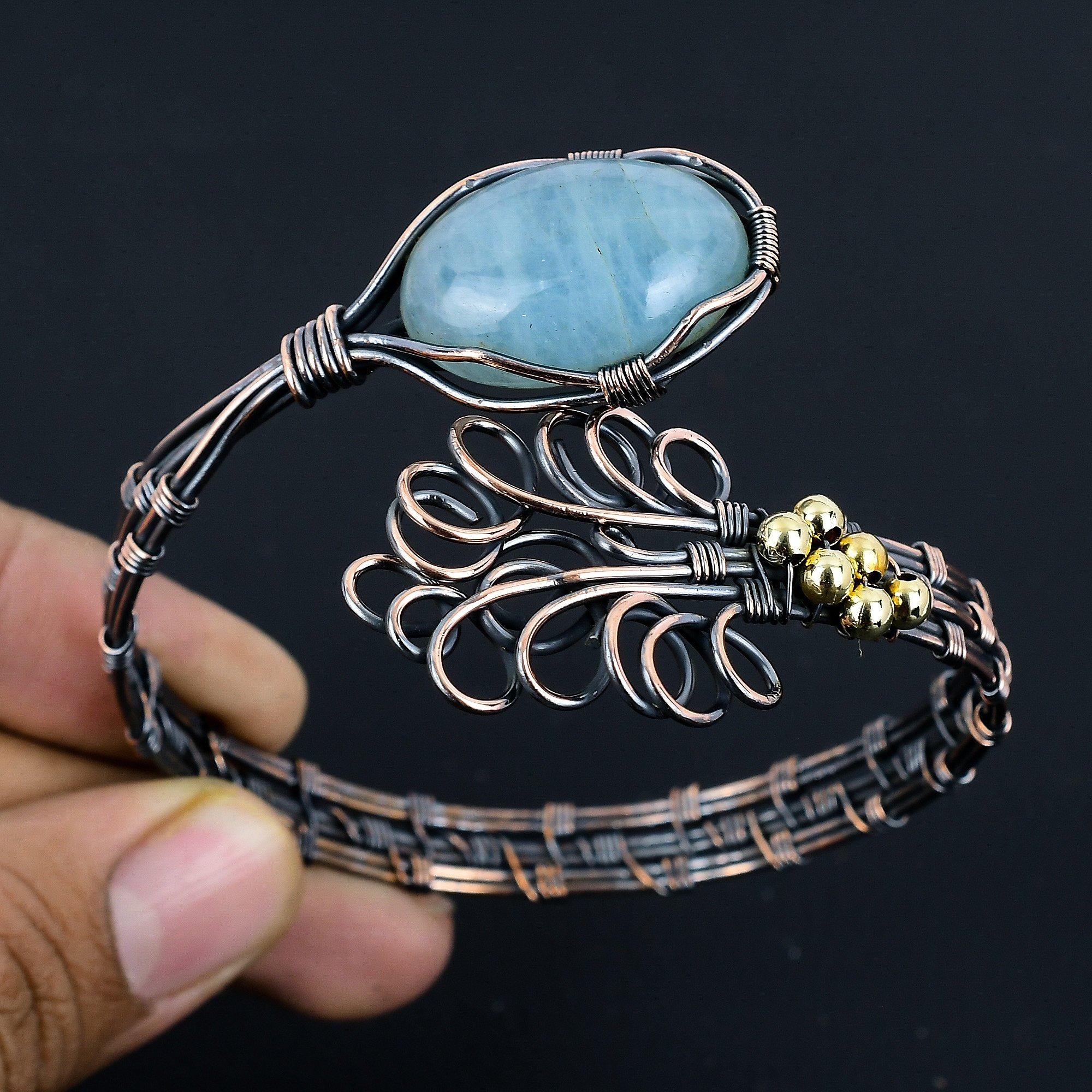 

Браслет из лунного камня, Браслет из драгоценного камня ручной работы, Антикварные украшения, обернутые медной проволокой 999 пробы, Подарок для любви