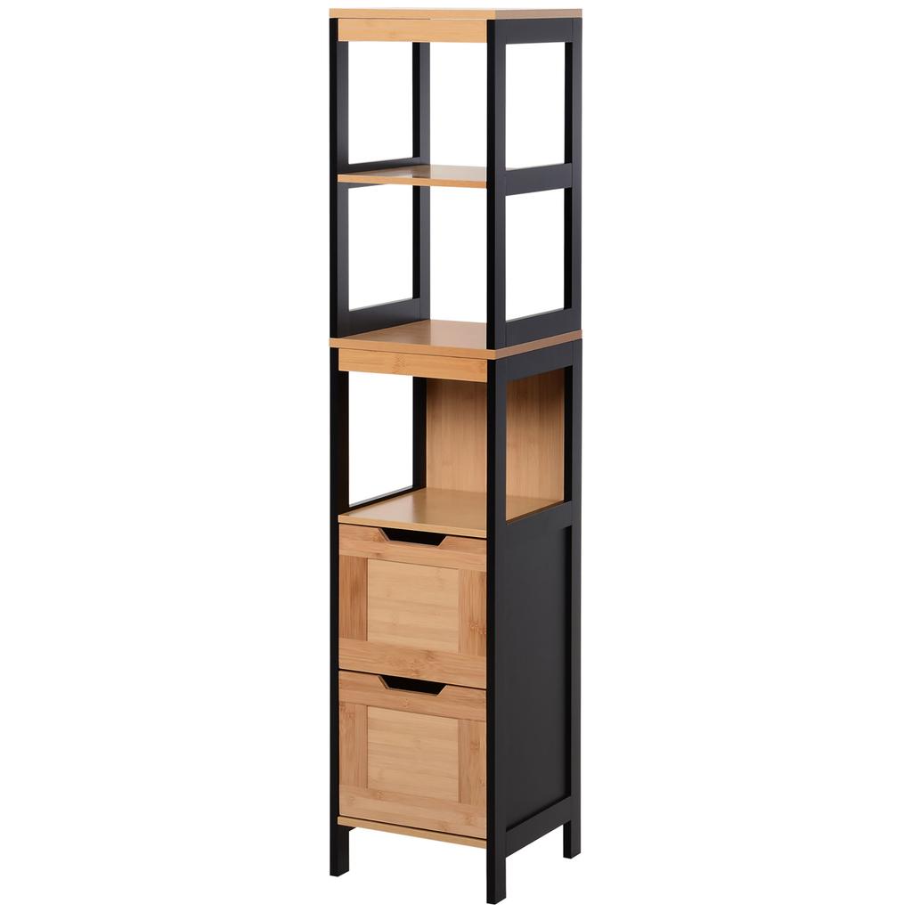 Bathroom Storage Column Cabinet Cozy Style Dim. 30L X 30W X 144H Cm 3 Shelves 2 Drawers Bamboo Black