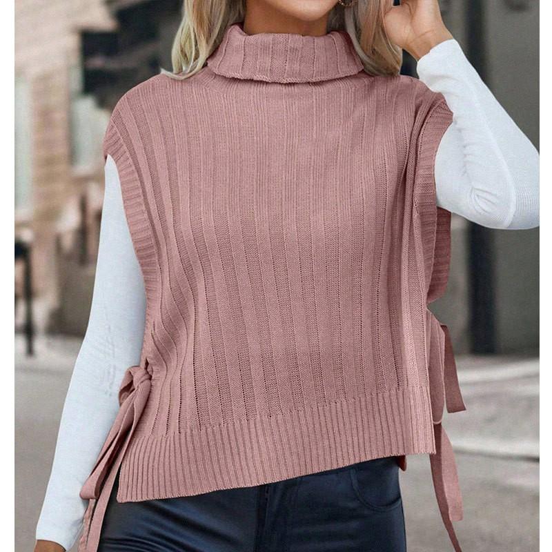 Womens Solid High-Neck Sleeveless Knit Vest With Side Tie Detail Fall Winter Office Chic Layering Top