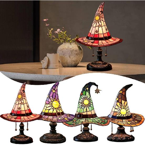 2025 Stained Glass Witch Hat Lamp, Witch Hat Lamps with Mystical Charm,Handmade Witch Hat Shape Gothic Lamp for Wiccans and Halloween Lovers