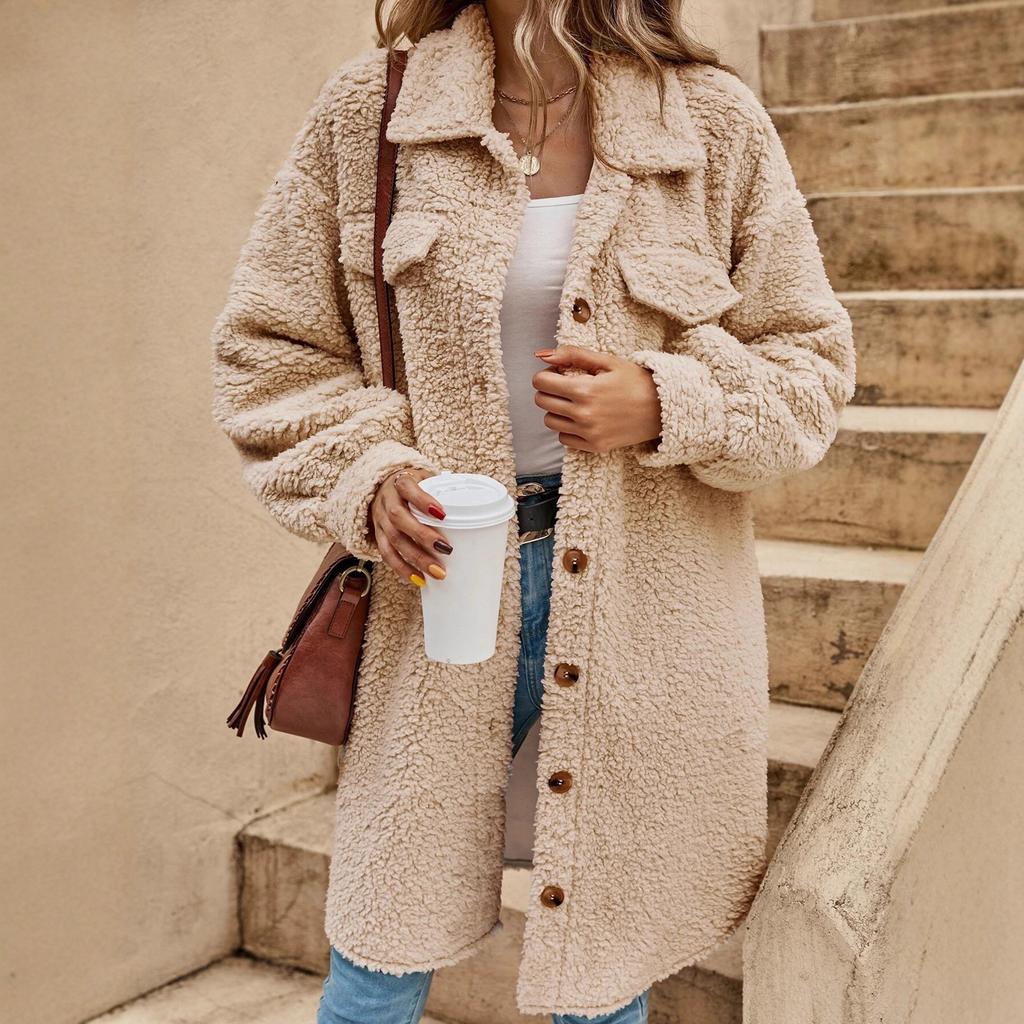 New European and American winter open-button lapel plush jacket loose temperament long coat women
