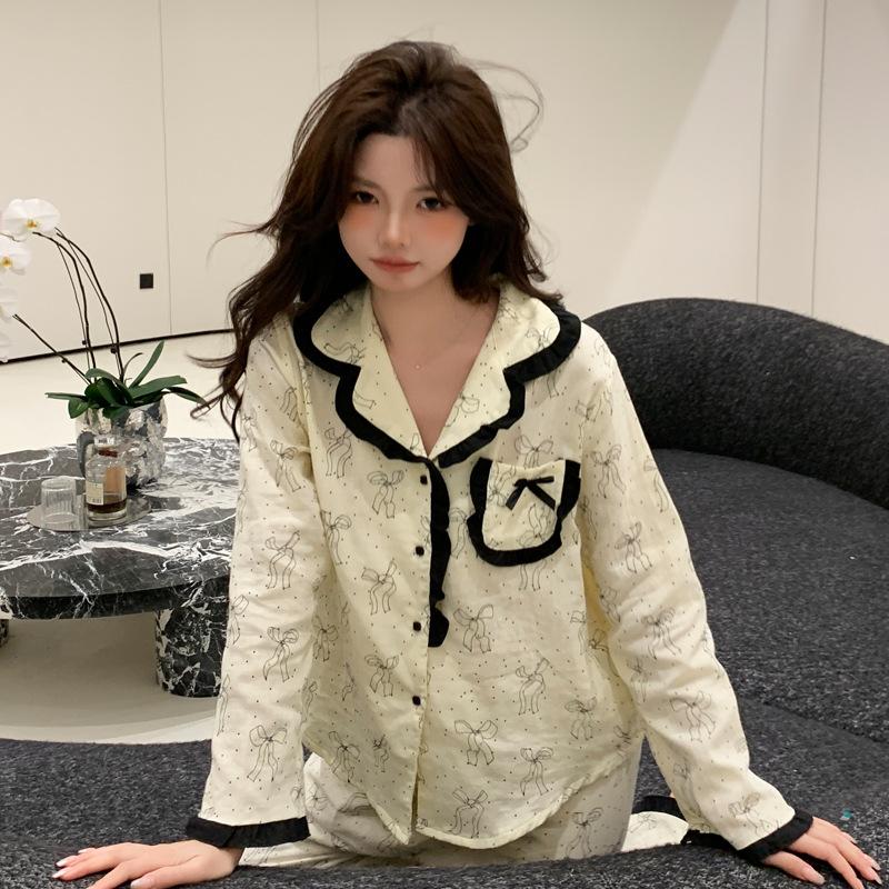 Cotton pajamas women's 1011 spring and autumn new bow cute sweet cotton loungewear can be worn outside