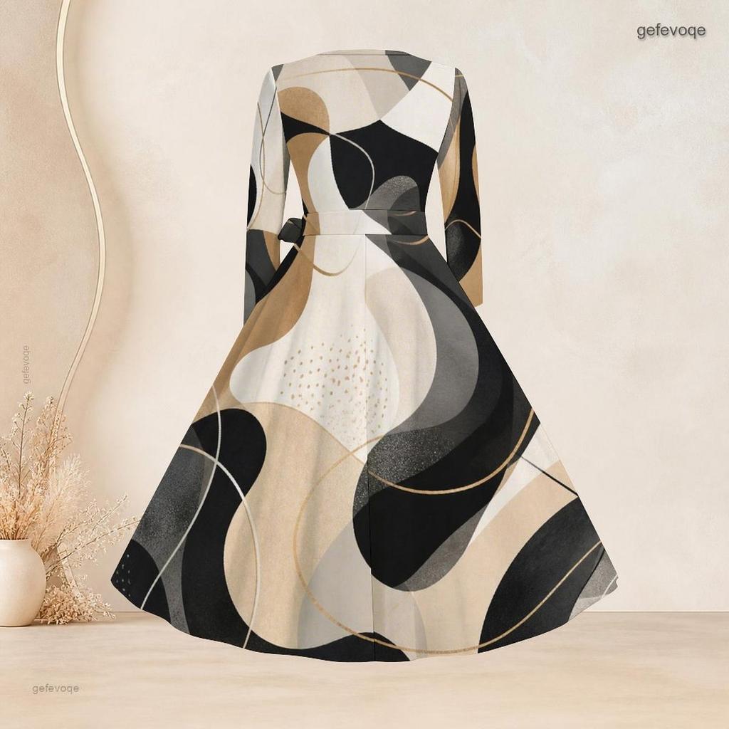 Women Plus Size Square Neck Long Sleeve Printed Tie Waist A Line Dress