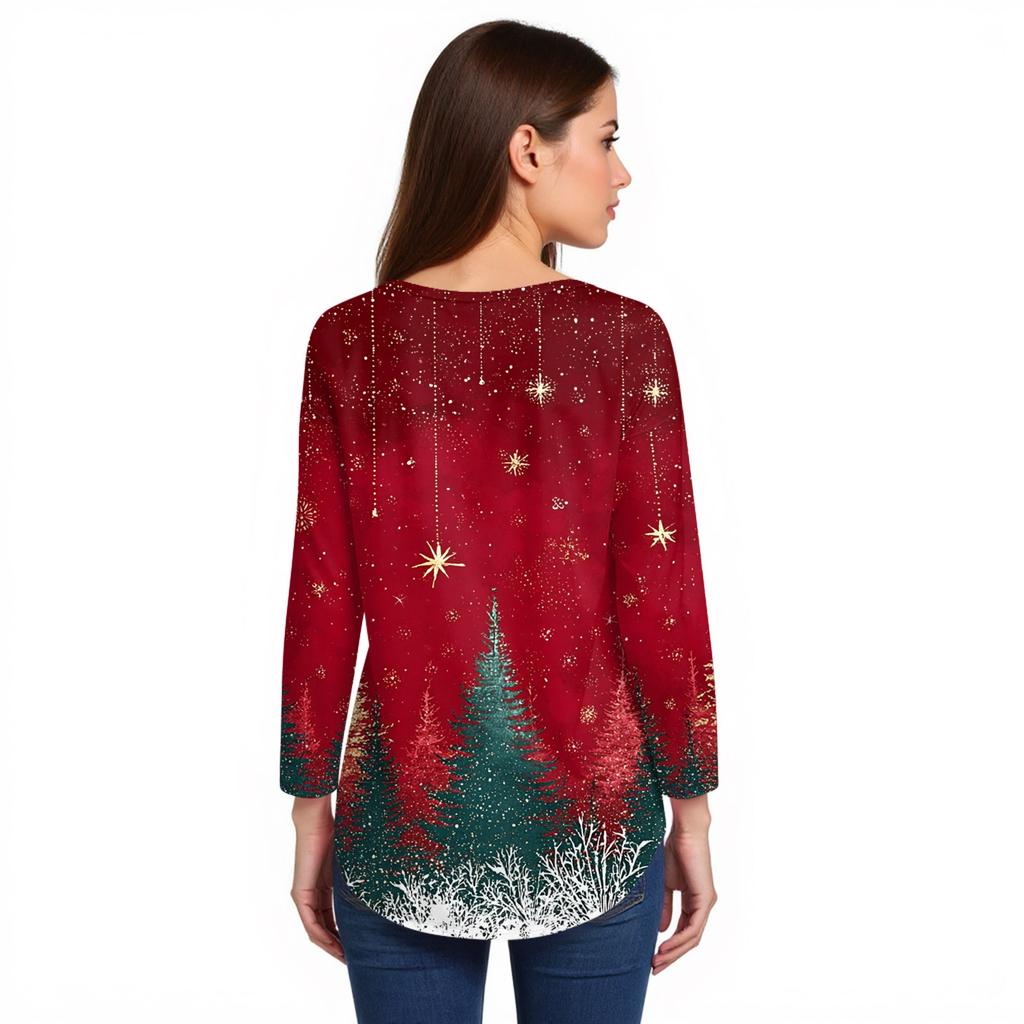 Dame Løs Rund Hals Juleprint Langermet T-skjorte Topp Genser