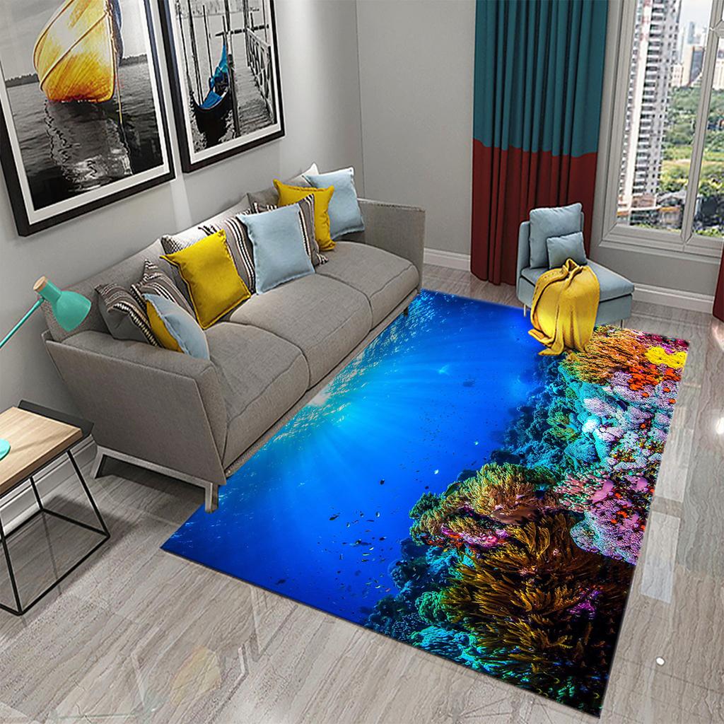Underwater World Ocean Theme Carpet Cute Dolphin Octopus Sea Turtle Pattern Anti-slip Floor Mat for Living Room Bedroom Bathroom