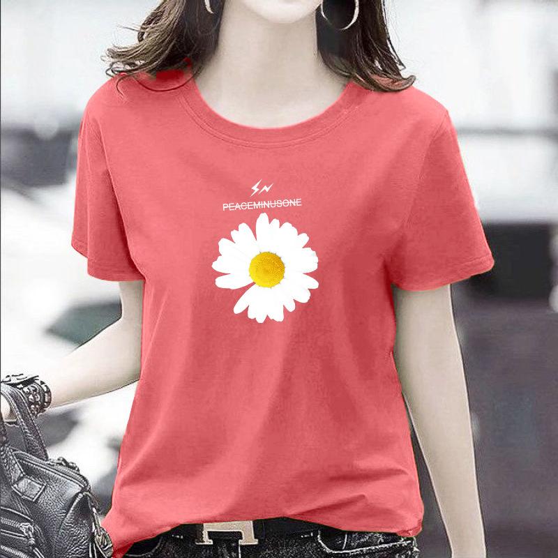 GMXIA Women's Fashion Casual Summer Spring Solid Color Print Short Sleeve O-Neck T-shirts and Loose Tops