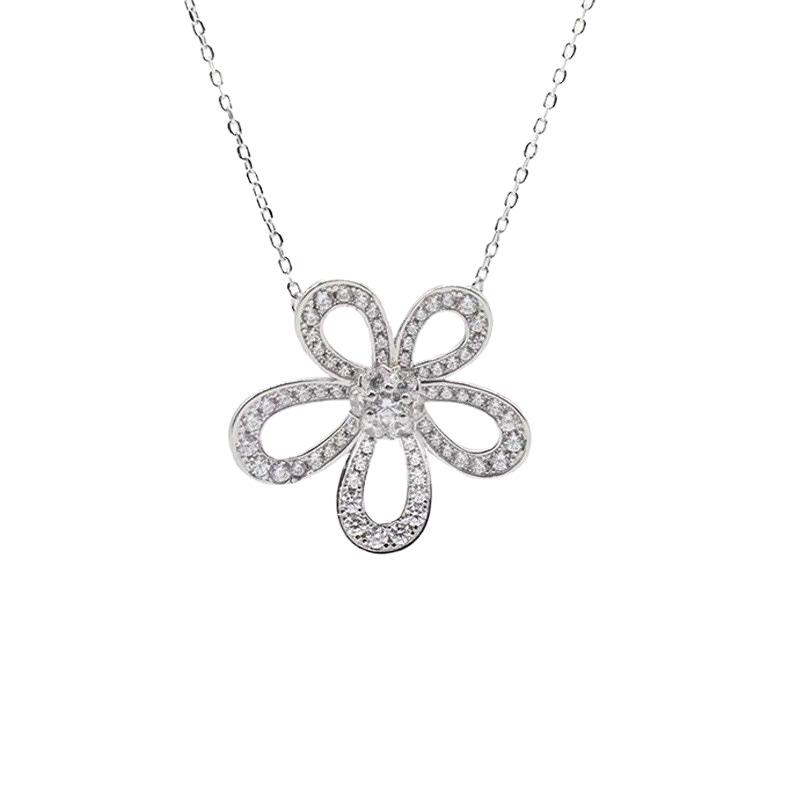 Exquisite S925 Sterling Silver Sunflower Pendant Necklace with Full Diamond, 18K White Gold-Plated Clavicle Chain