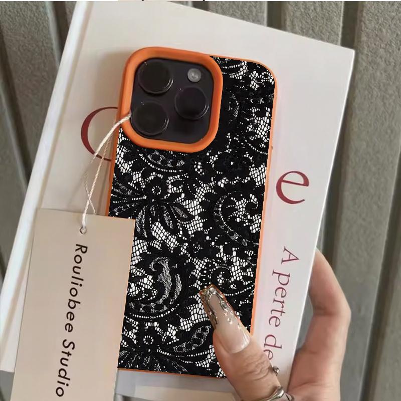 Black Lace Pattern Personalized Mobile Phone Case For iPhone 16 17 Pro Max 15 Plus 14 13 12 11 17 Air XS XR Faux Leather Cover
