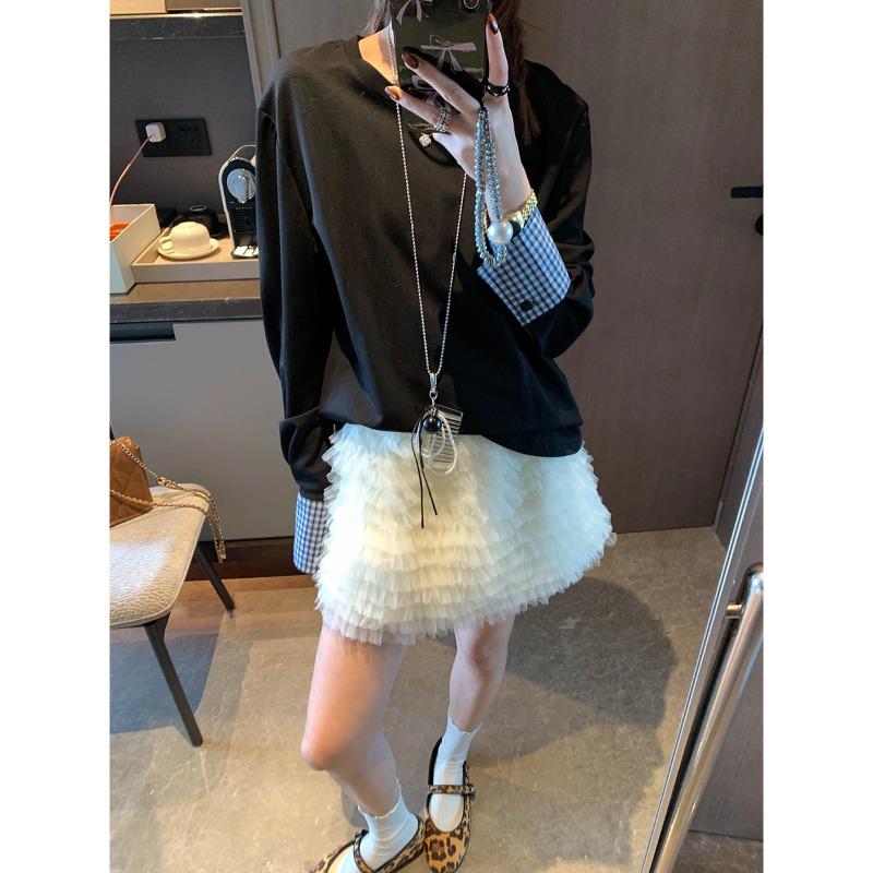 Mochie Plaid Patchwork Cuff Round Neck Loose T-shirt - Early Spring Korean Style Small чёрный