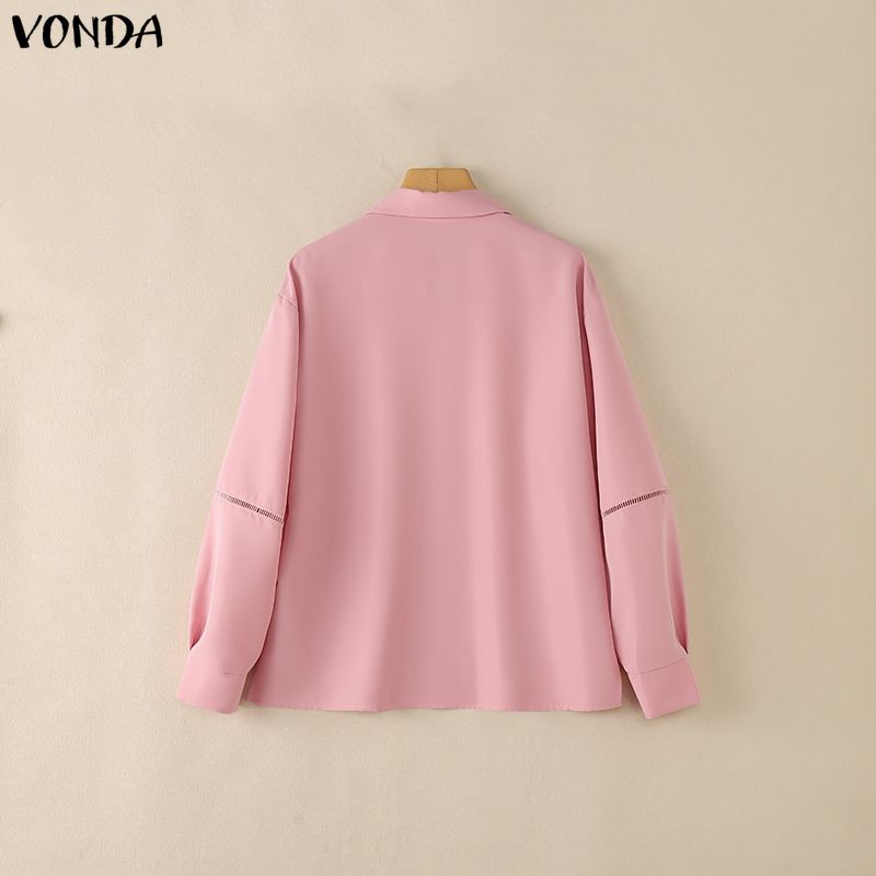 VONDA Women Casual Lapel Neck Crochet Lace Splice Long Sleeve Blouse Shirts