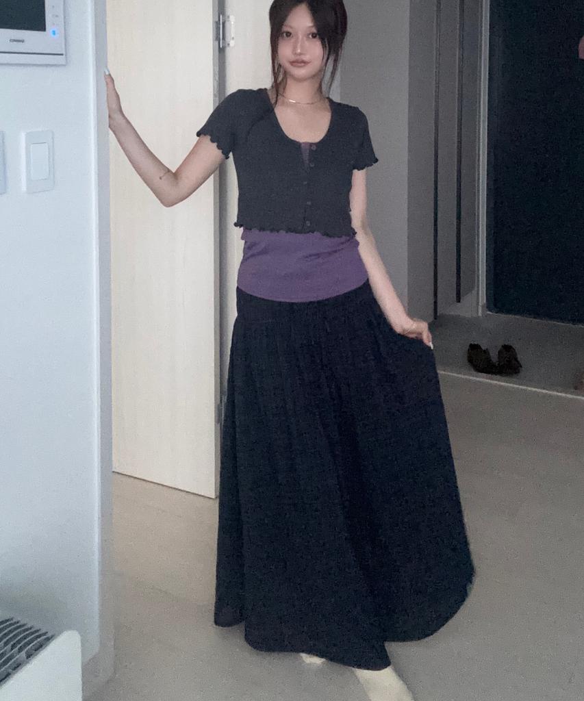 Plasma Sphere Smoke Shirred Check Ribbon Low-Rise Maxi Skirt_Navy