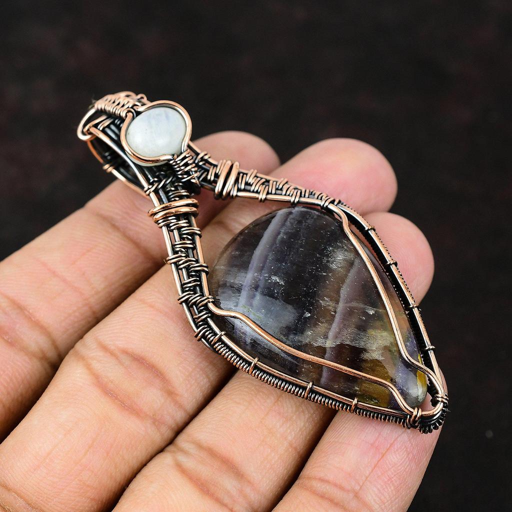 Multi Fluorite Pendant Copper Wire Wrapped Jewelry Rainbow Moonstone Gemstone Pendant Copper Wire Wrap Pendant Handmade Jewelry Gift For Her