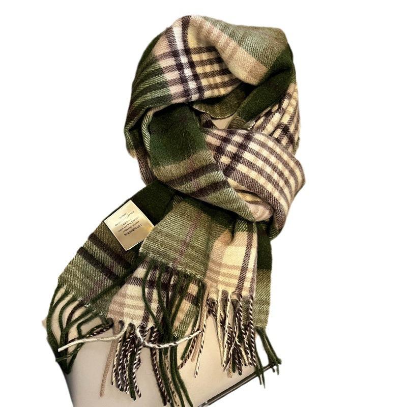 Pure Wool Scarf Men's Autumn and Winter Warm Scarf Beige Grid Long Fringed Scarf Women's Light Luxury High Sense