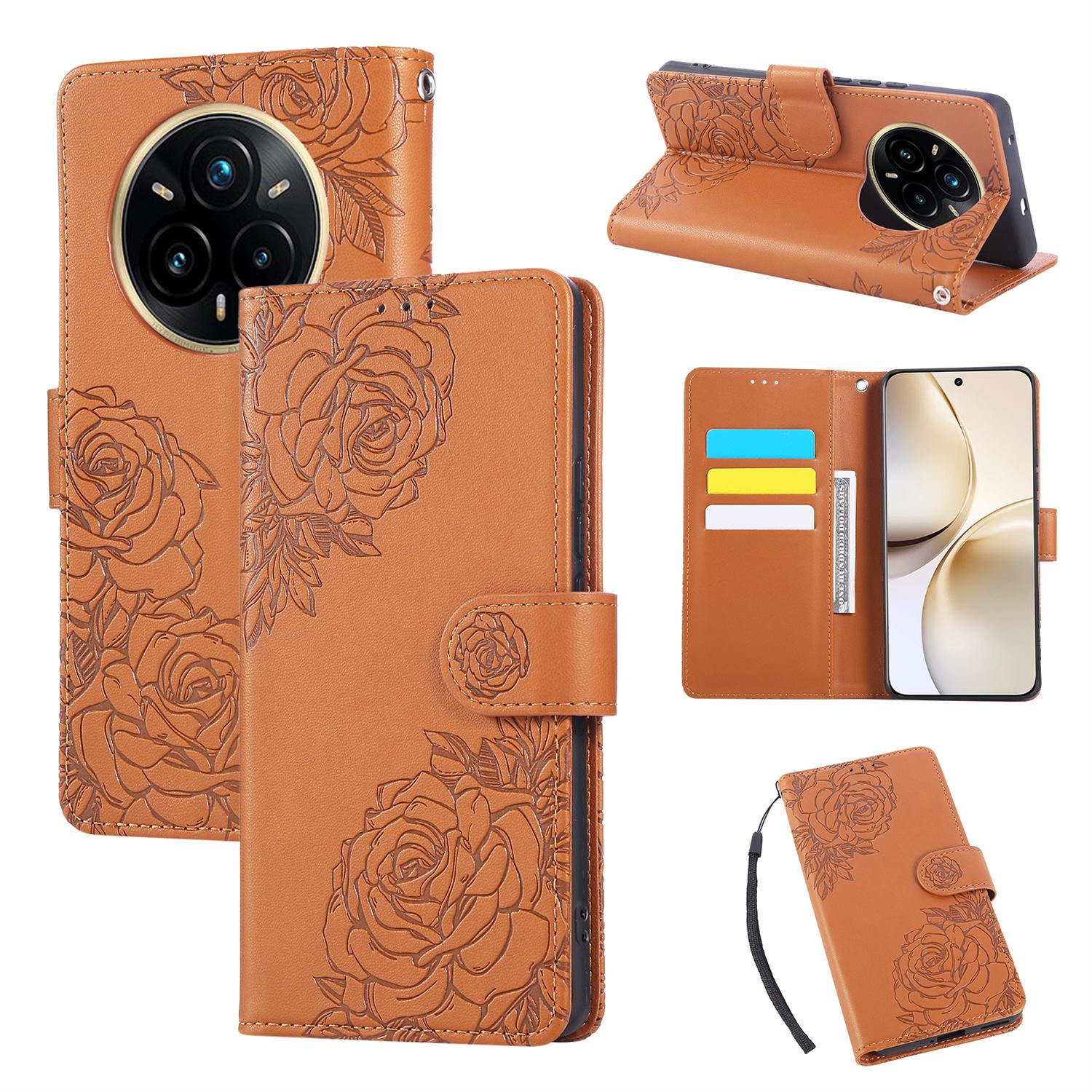 

For Realme 14 Pro 5G Case Rose Flower PU Leather Wallet Phone Cover with 3 Card Slots/Wrist Strap Brown