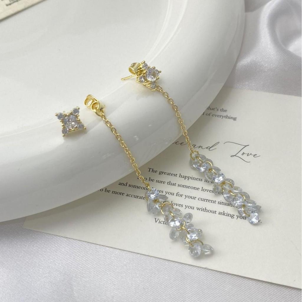 Elegant French Zirconia Flower Tassel Stud Earrings - Luxurious, Stylish, and Versatile Design.