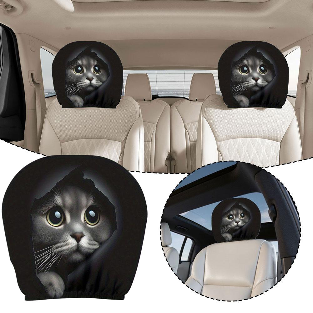 2 pieces of realistic car headrest covers with cute cats showing their faces, washable and stretchable, car interior decoration