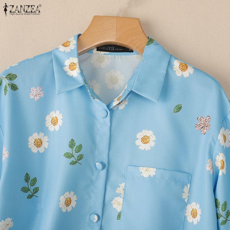 ZANZEA Women Turn Down Collar Casual 3/4 Sleeve Loose Floral Print Blouse