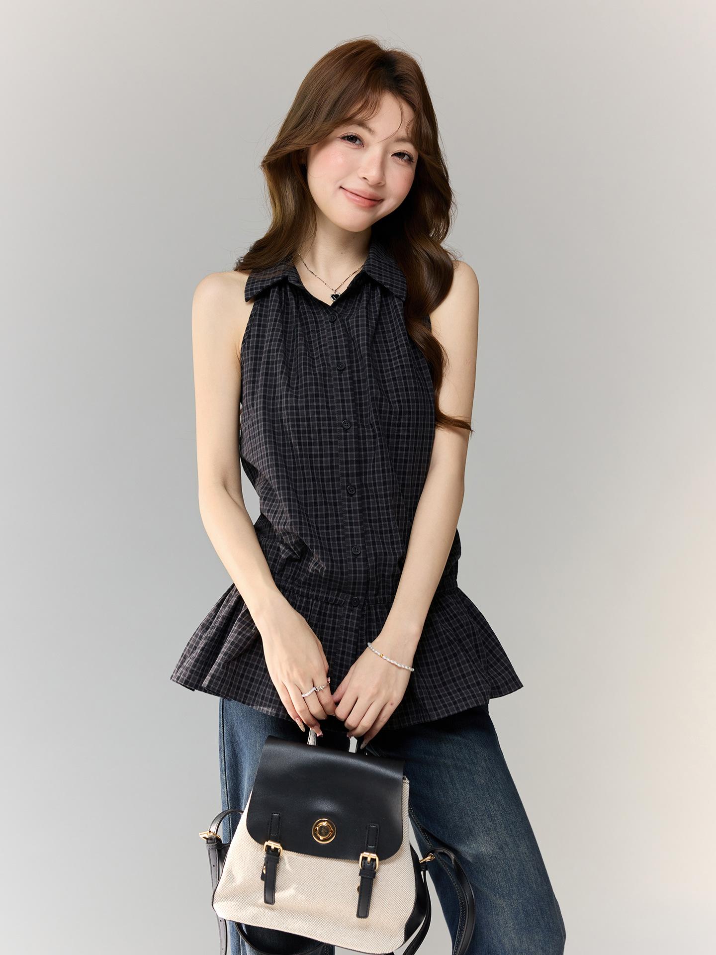 College style Polo collar plaid ruffle hem vest women s summer sleeveless stacked wear thin temperament top S