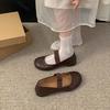 Fashion Black Single Shoes Retro Soft Bottom Round Toe Slip on Women's Flats Casual Solid Belt Shallow Mouth Ballet Mary Jane Loafers