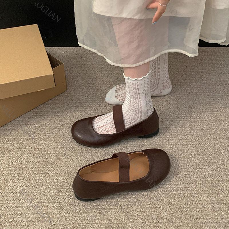 Fashion Black Single Shoes Retro Soft Bottom Round Toe Slip on Women's Flats Casual Solid Belt Shallow Mouth Ballet Mary Jane Loafers