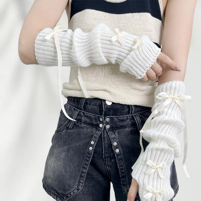 Women'S Bow-Knot Hand Sleeve Half-Finger Gloves Knitted Wool Ribbon Sleeves Fashionable Ballet Style Arm Sleeves