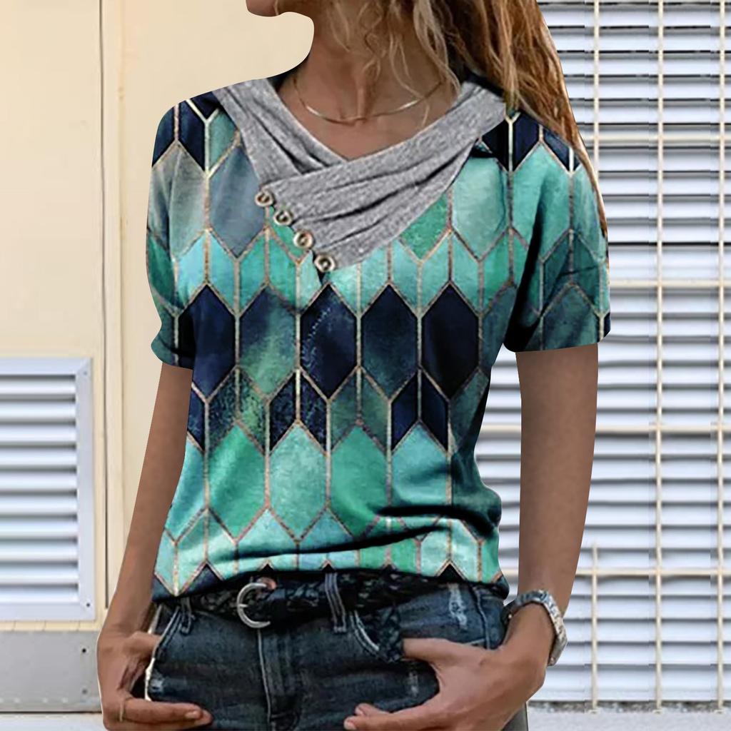 Women Tie-dye Printed Embroidery Collar Splicing Sleeve Pullover Blouse Tops