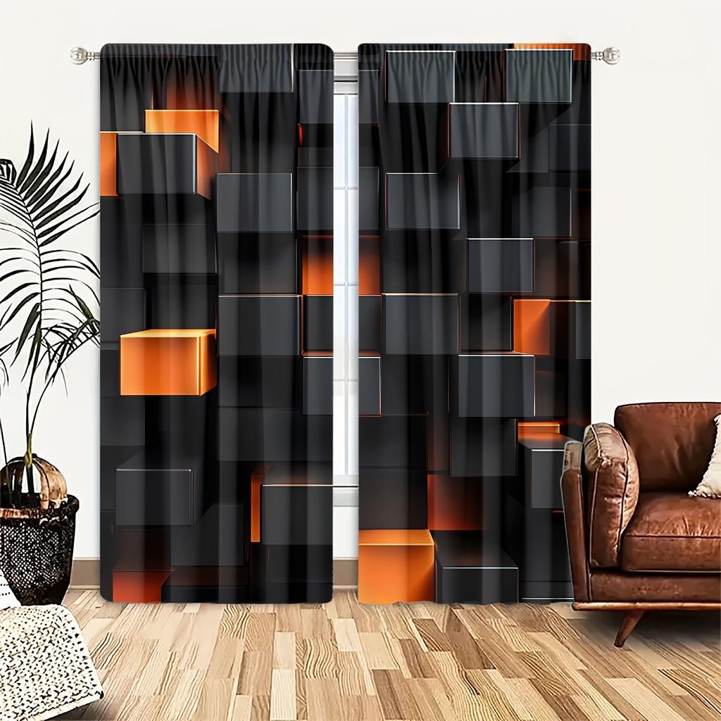 Rideaux filtrant la lumière en polyester 2 pièces Rideaux filtrant la lumière en polyester - Échecs noir et orange numériques haute définition