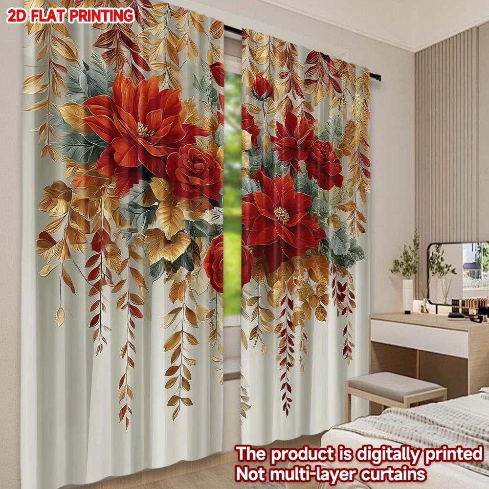 Set Of 2 Modern Red Yellow Floral Curtains Digital Printing Bright Blossom Green Leaves Pattern Window Decor Living Room Curtain Polyester Perfect For