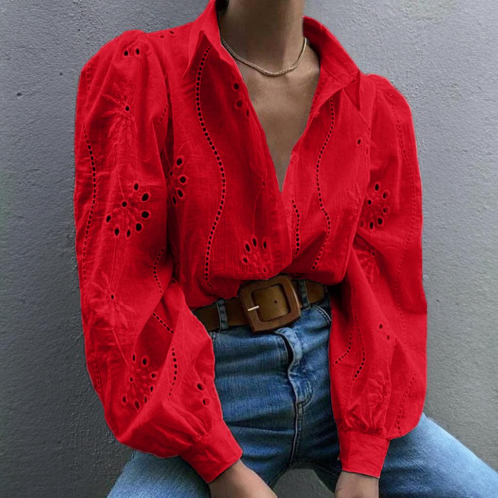 Women Fashion Crochet Lace Shirts Long Puff Sleeve Casual Flower Embroidery Buttons Down Blouse Tops Office Lady