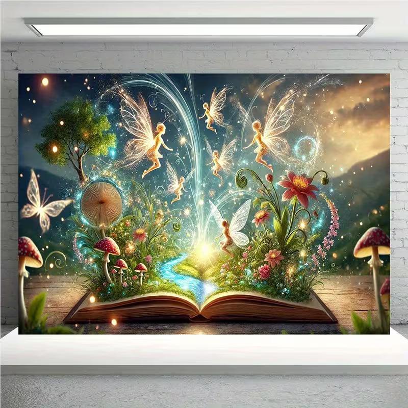 2D Verzauberter Märchenbuch-Hintergrund mit Feen & Schmetterlingen Party Fotoautomaten-Hintergrund