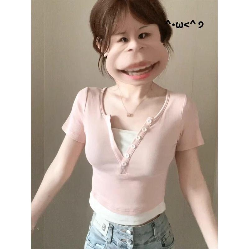 

Острая Девушка Розовая Футболка с V-образным вырезом, имитирующая двойку, с коротким рукавом, облегающая, для женщин - Летний Шик в Корейском Стиле XL розовый