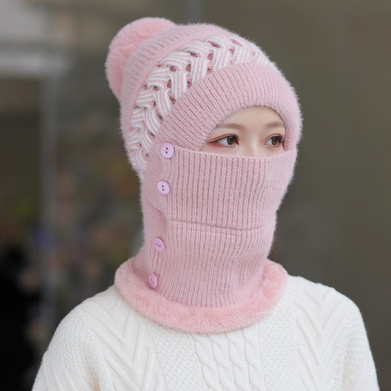 One-piece hat women's hollow knitted plush wool one-piece hat outdoor cycling cold protection ear protection winter