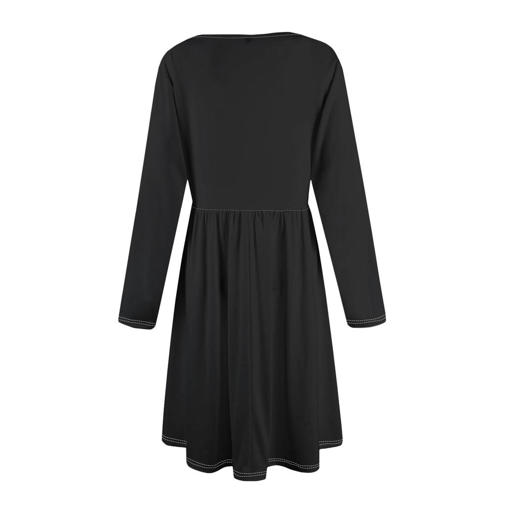 Γυναικεία Μονόχρωμα Καθημερινά Φορέματα Άνοιξη Τσέπες Στρογγυλή Λαιμόκοψη Μακρυμάνικα Φορέματα