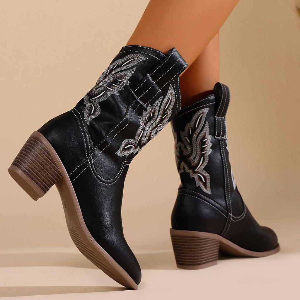 Damen Retro Western Bestickte Cowboy Martin Stiefel - High-Top, V-Ausschnitt Ritterstil